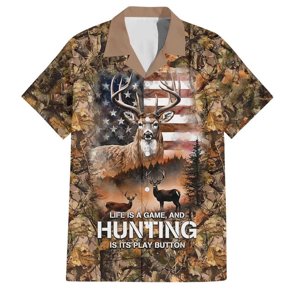 Personalized Buck Deer Hunting Hawaiian Shirt American Flag Sunset Forest in Camouflage