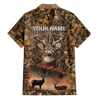 Personalized Buck Deer Hunting Hawaiian Shirt American Flag Sunset Forest in Camouflage