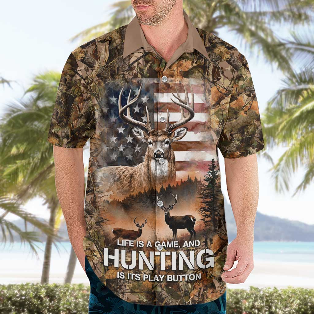 Personalized Buck Deer Hunting Hawaiian Shirt American Flag Sunset Forest in Camouflage