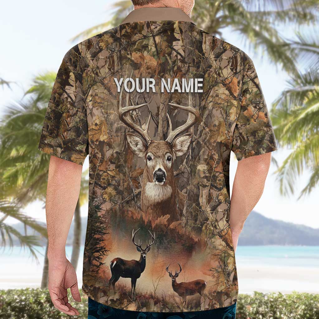 Personalized Buck Deer Hunting Hawaiian Shirt American Flag Sunset Forest in Camouflage