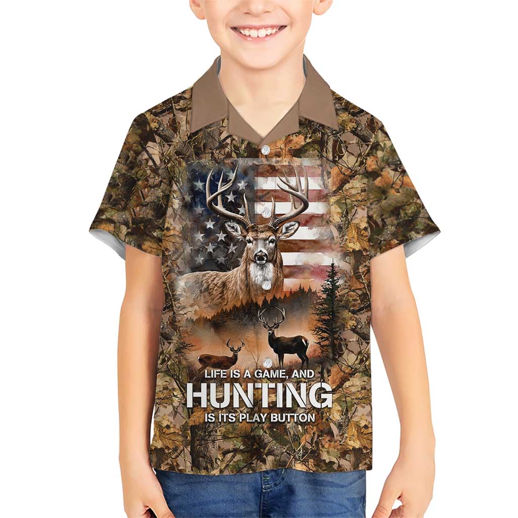 Personalized Buck Deer Hunting Hawaiian Shirt American Flag Sunset Forest in Camouflage