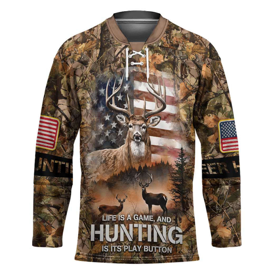 Personalized Buck Deer Hunting Hockey Jersey American Flag Sunset Forest in Camouflage