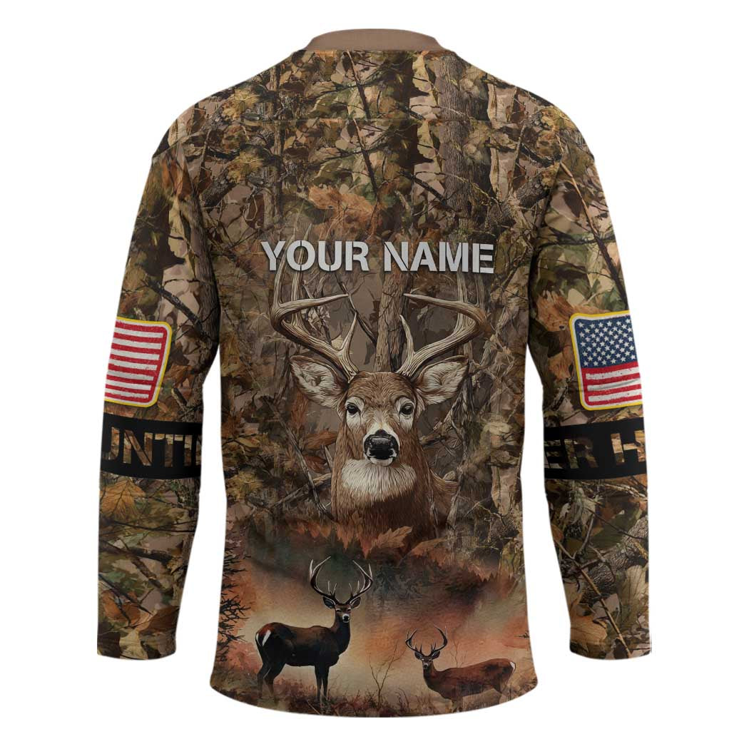Personalized Buck Deer Hunting Hockey Jersey American Flag Sunset Forest in Camouflage