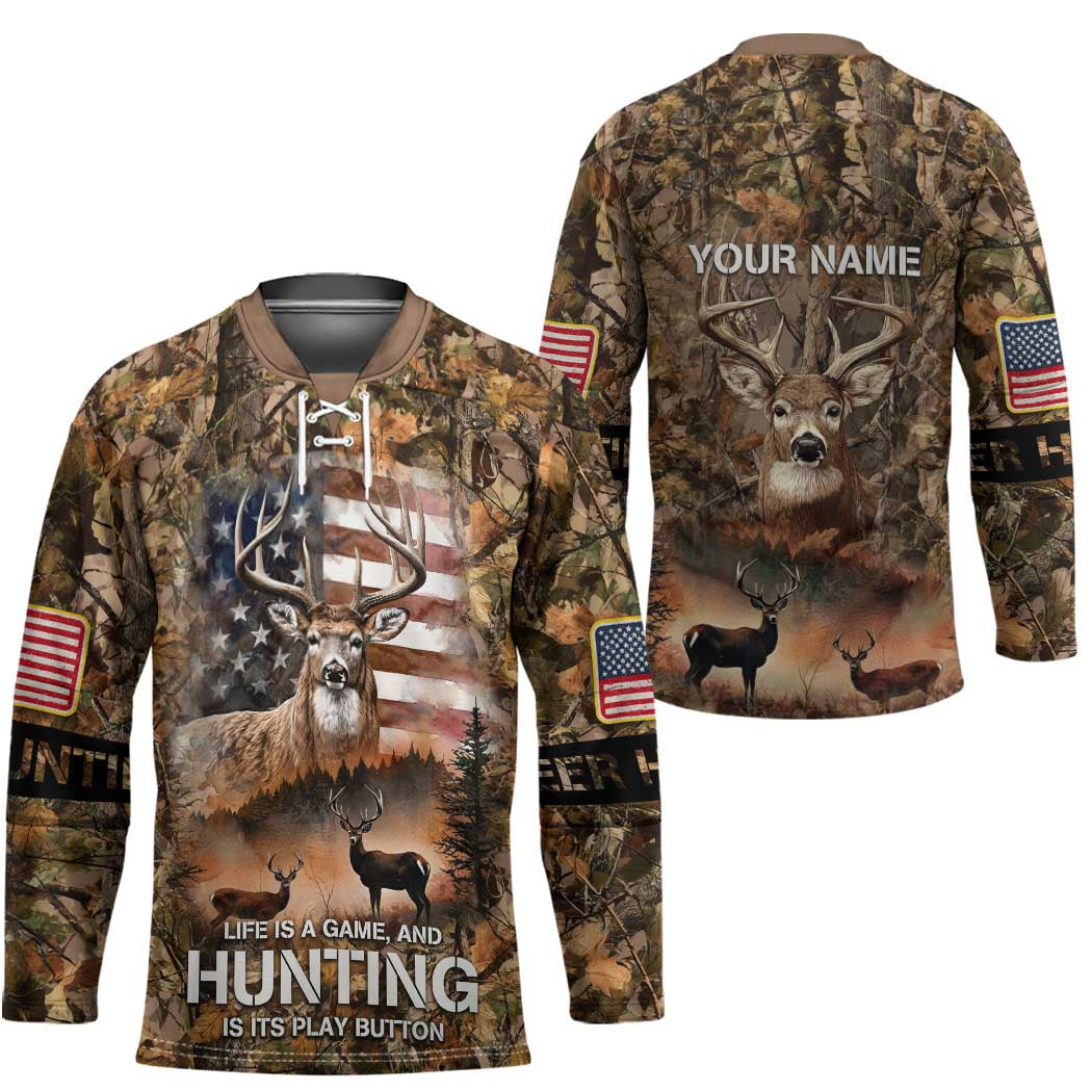 Personalized Buck Deer Hunting Hockey Jersey American Flag Sunset Forest in Camouflage