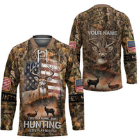 Personalized Buck Deer Hunting Hockey Jersey American Flag Sunset Forest in Camouflage
