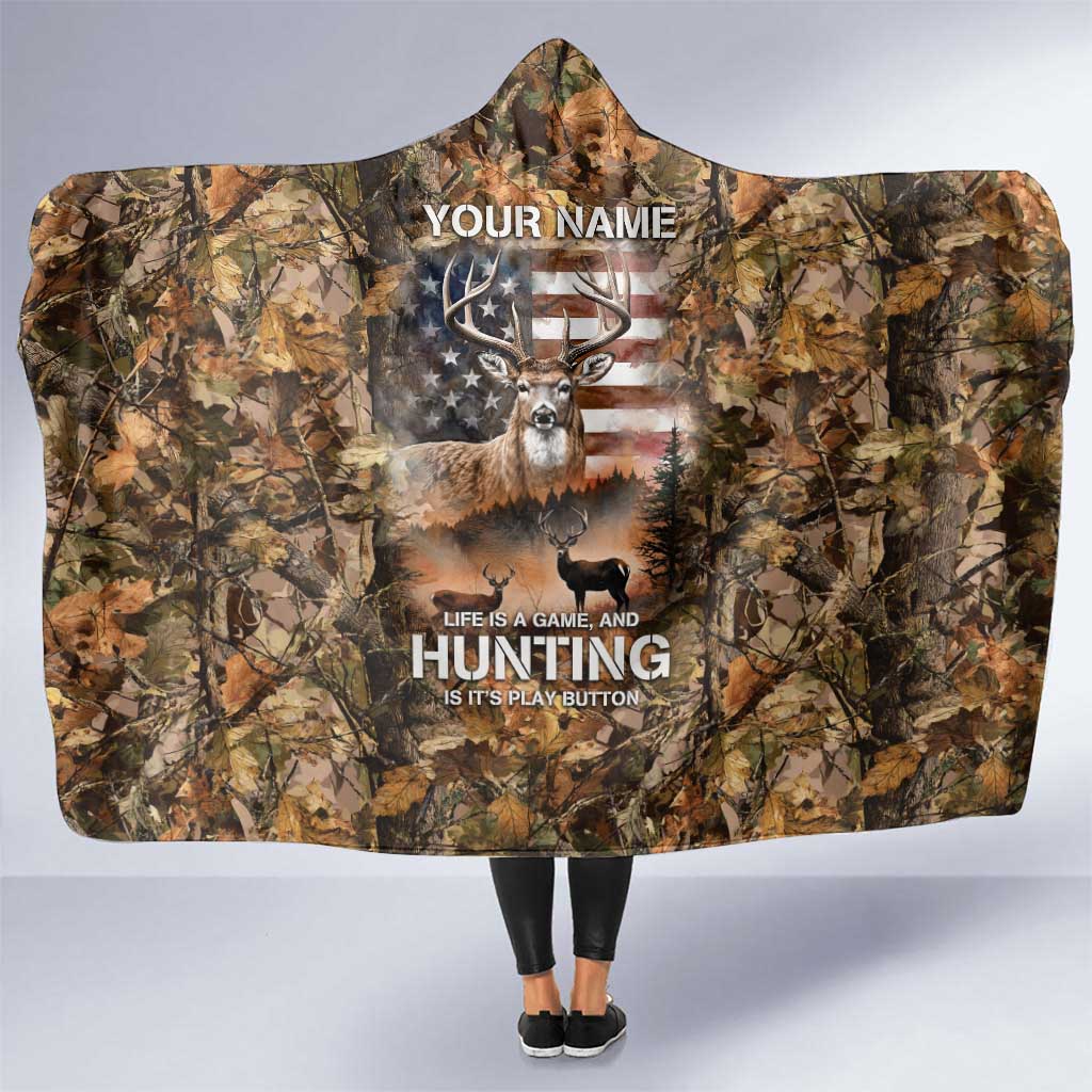 Personalized Buck Deer Hunting Hooded Blanket American Flag Sunset Forest in Camouflage