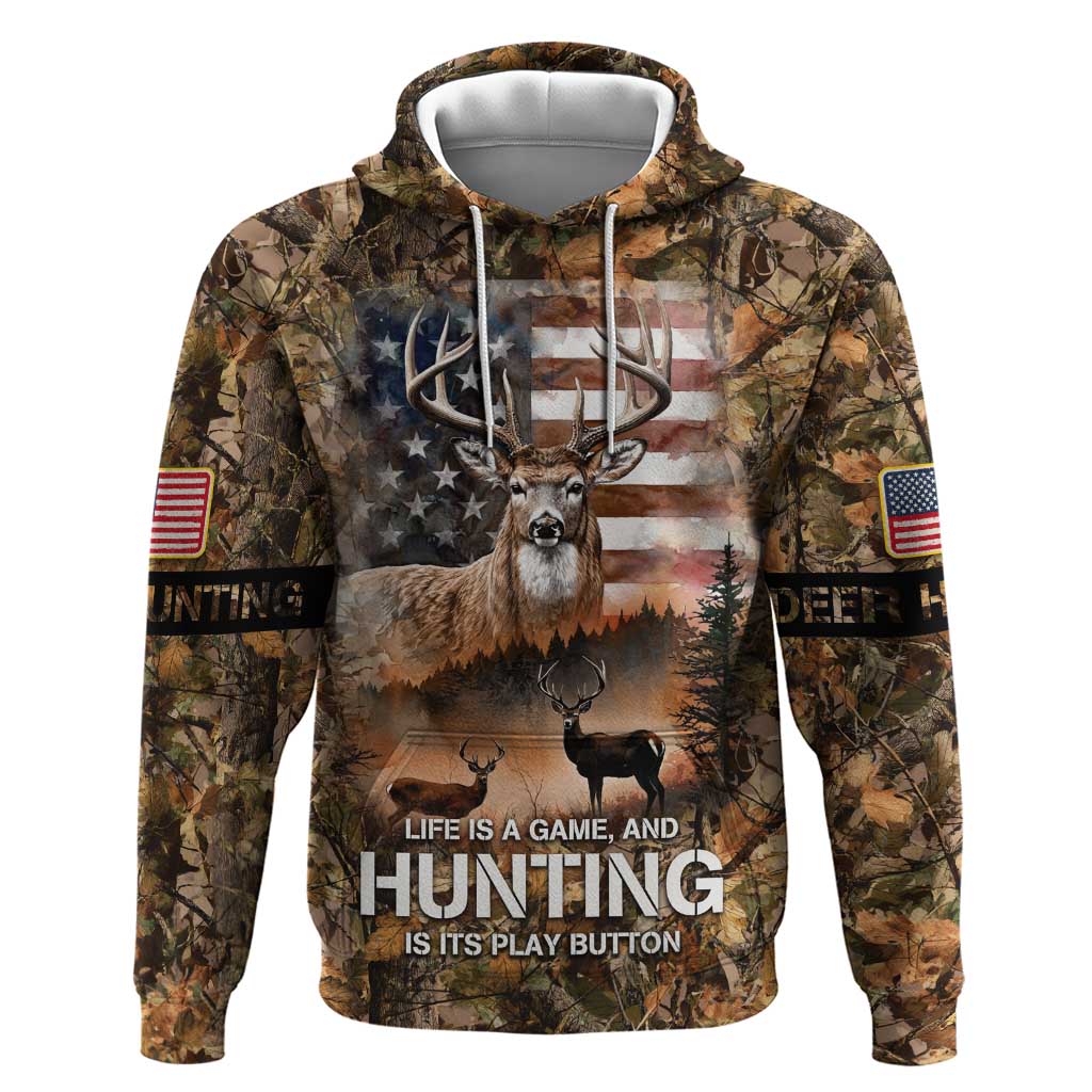 Personalized Buck Deer Hunting Hoodie American Flag Sunset Forest in Camouflage