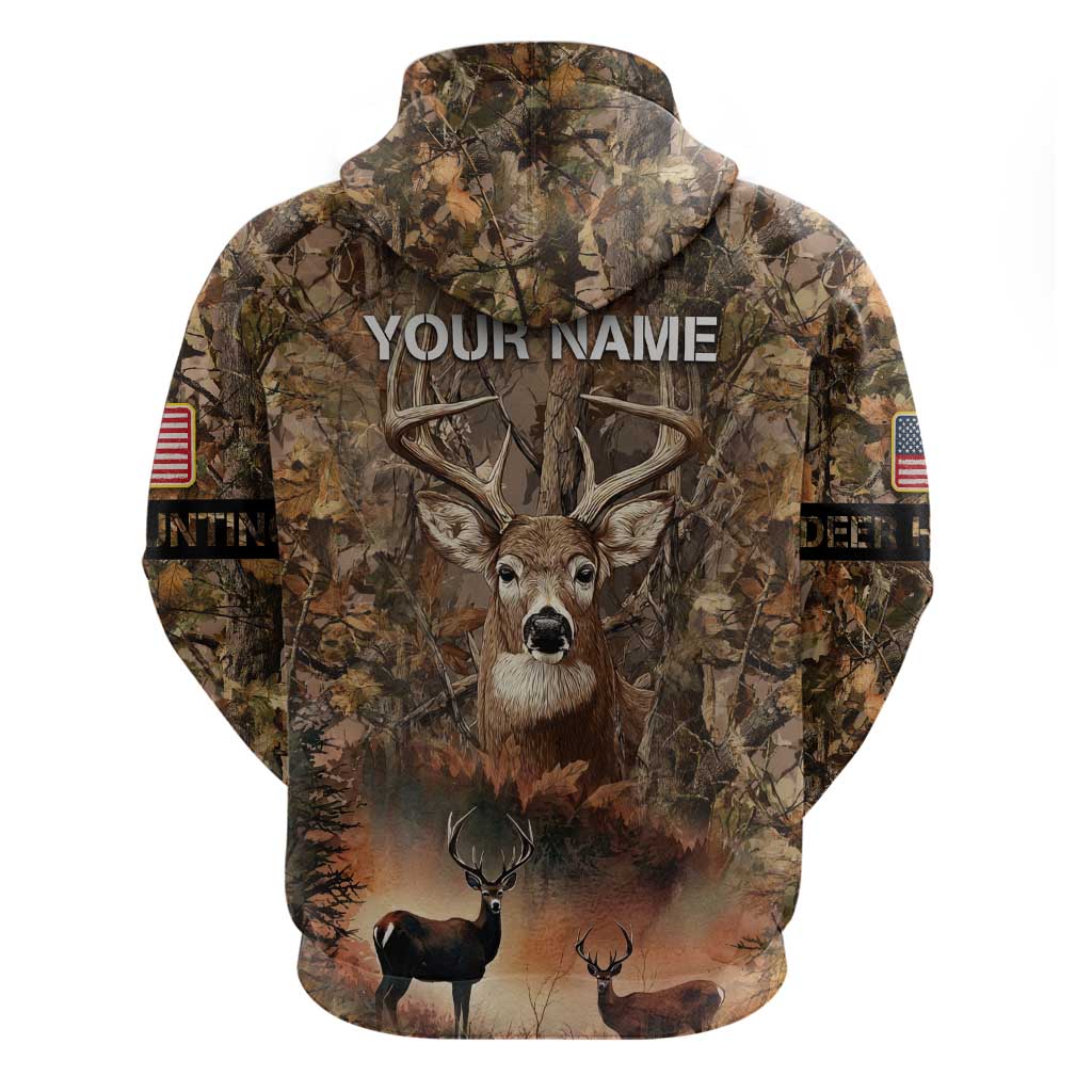 Personalized Buck Deer Hunting Hoodie American Flag Sunset Forest in Camouflage