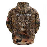 Personalized Buck Deer Hunting Hoodie American Flag Sunset Forest in Camouflage