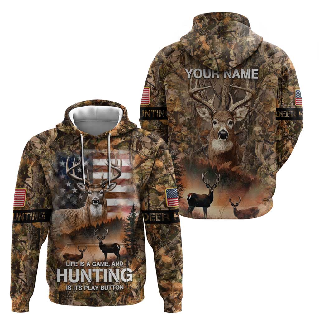 Personalized Buck Deer Hunting Hoodie American Flag Sunset Forest in Camouflage
