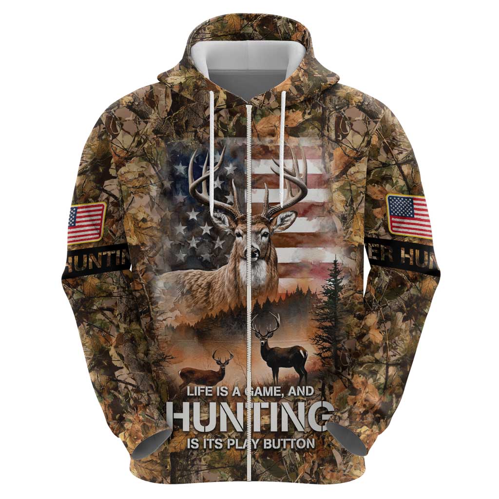 Personalized Buck Deer Hunting Hoodie American Flag Sunset Forest in Camouflage