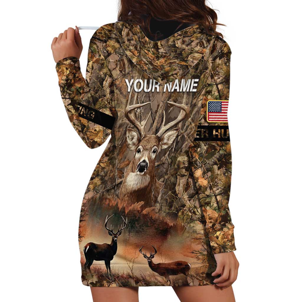 Personalized Buck Deer Hunting Hoodie Dress American Flag Sunset Forest in Camouflage