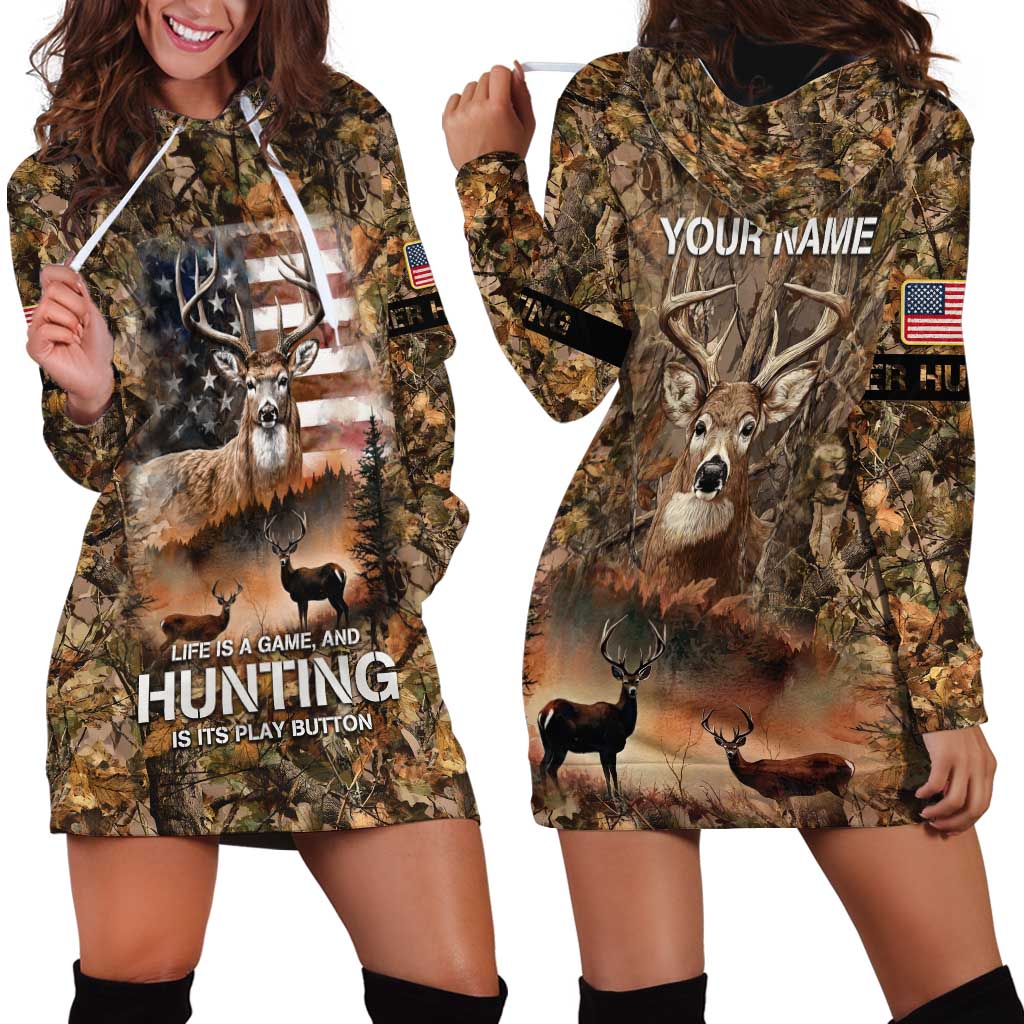 Personalized Buck Deer Hunting Hoodie Dress American Flag Sunset Forest in Camouflage