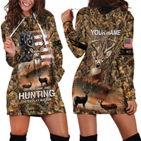 Personalized Buck Deer Hunting Hoodie Dress American Flag Sunset Forest in Camouflage