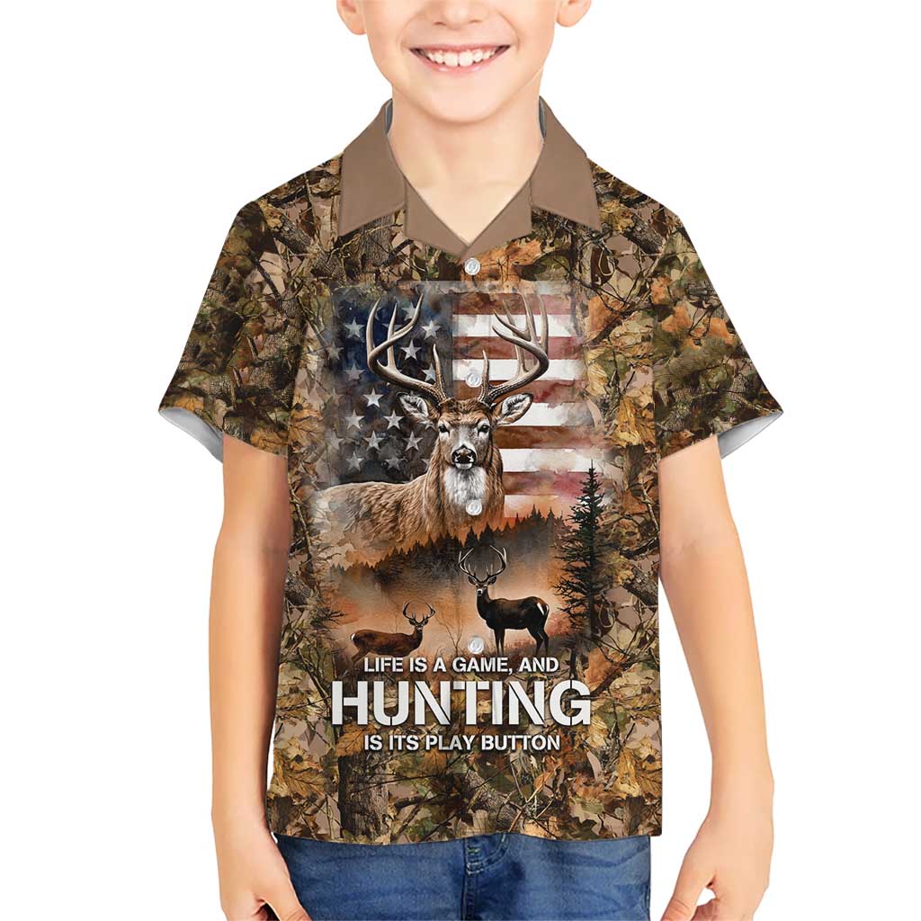 Personalized Buck Deer Hunting Kid Hawaiian Shirt American Flag Sunset Forest in Camouflage