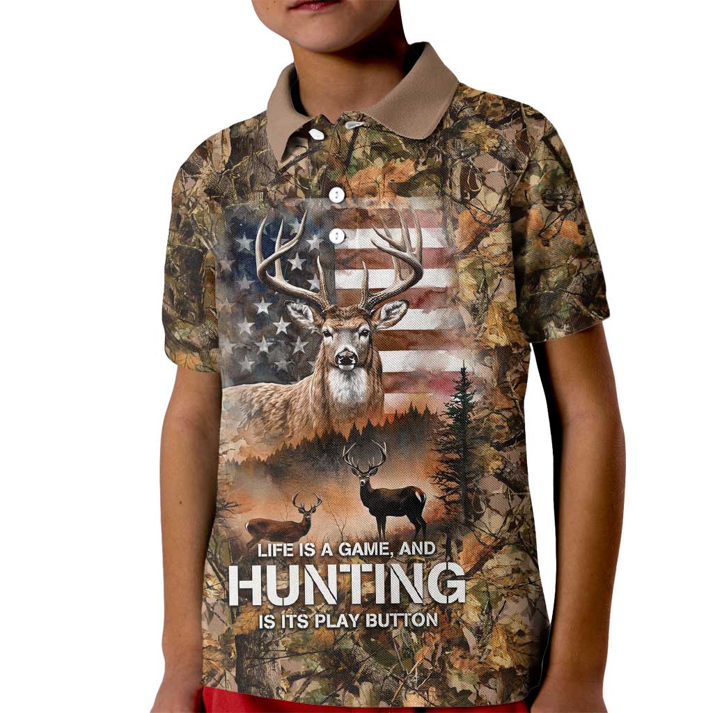 Personalized Buck Deer Hunting Kid Polo Shirt American Flag Sunset Forest in Camouflage