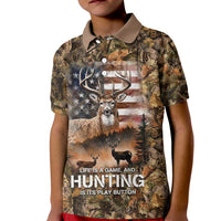 Personalized Buck Deer Hunting Kid Polo Shirt American Flag Sunset Forest in Camouflage
