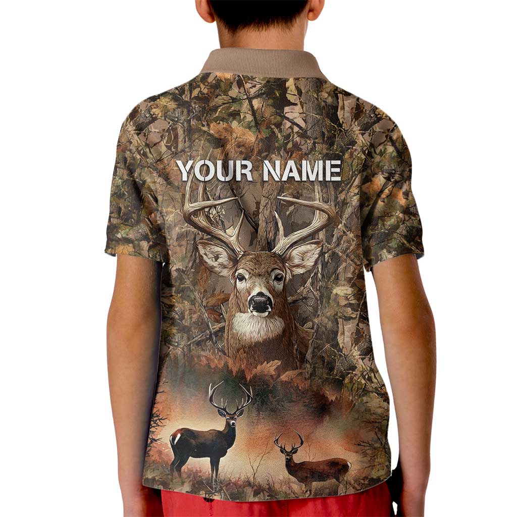 Personalized Buck Deer Hunting Kid Polo Shirt American Flag Sunset Forest in Camouflage