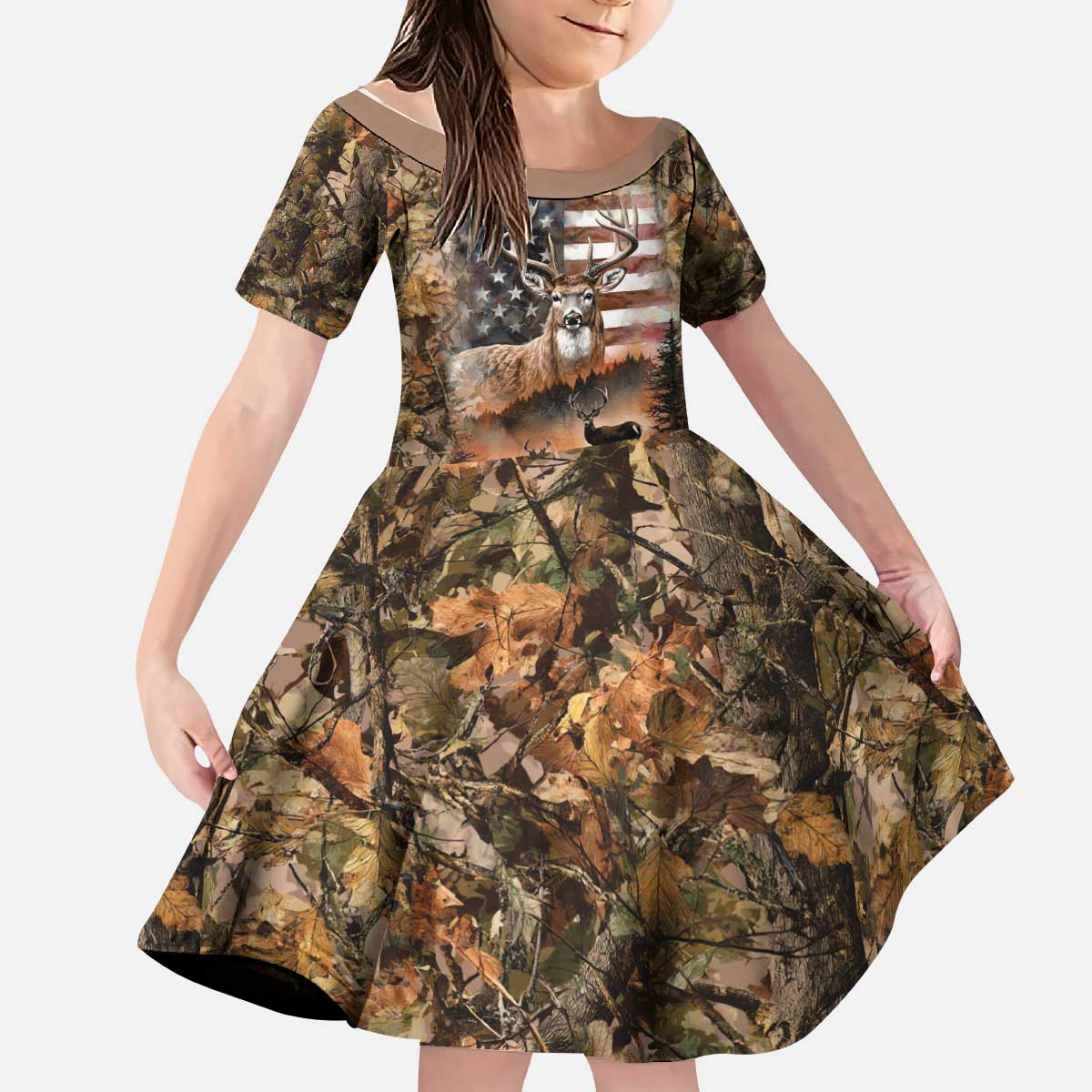Personalized Buck Deer Hunting Kid Short Sleeve Dress American Flag Sunset Forest in Camouflage