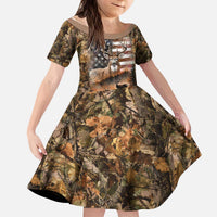 Personalized Buck Deer Hunting Kid Short Sleeve Dress American Flag Sunset Forest in Camouflage