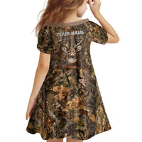Personalized Buck Deer Hunting Kid Short Sleeve Dress American Flag Sunset Forest in Camouflage