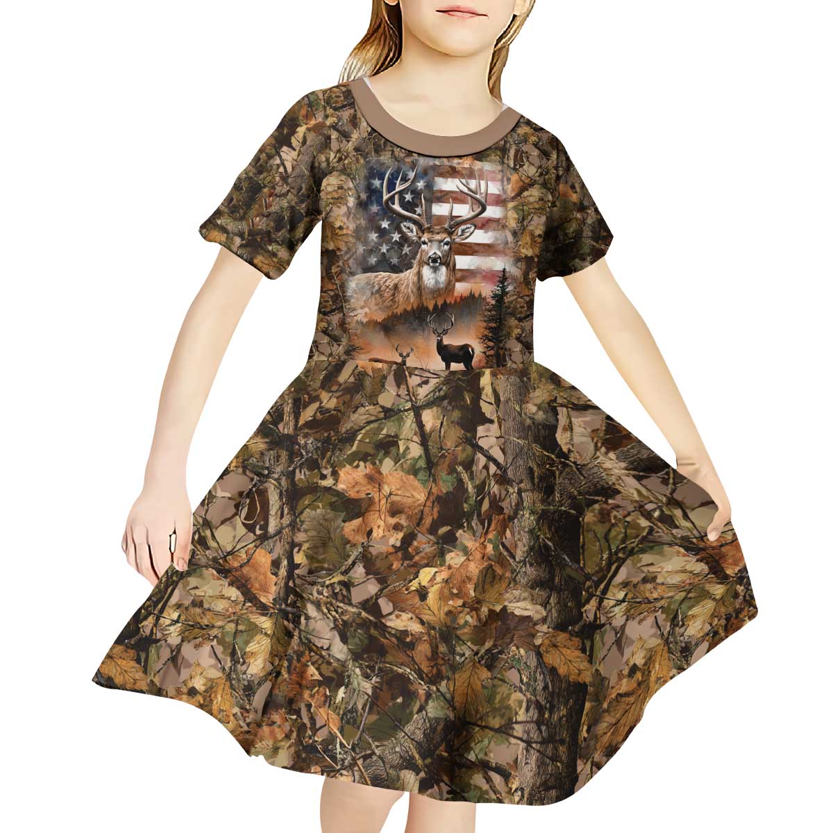 Personalized Buck Deer Hunting Kid Short Sleeve Dress American Flag Sunset Forest in Camouflage