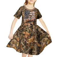Personalized Buck Deer Hunting Kid Short Sleeve Dress American Flag Sunset Forest in Camouflage