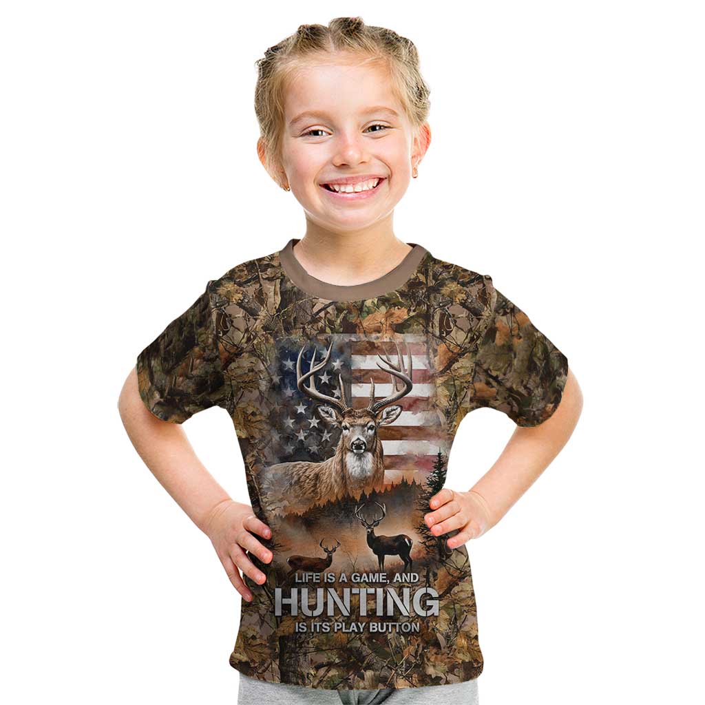 Personalized Buck Deer Hunting Kid T Shirt American Flag Sunset Forest in Camouflage