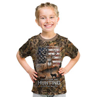 Personalized Buck Deer Hunting Kid T Shirt American Flag Sunset Forest in Camouflage