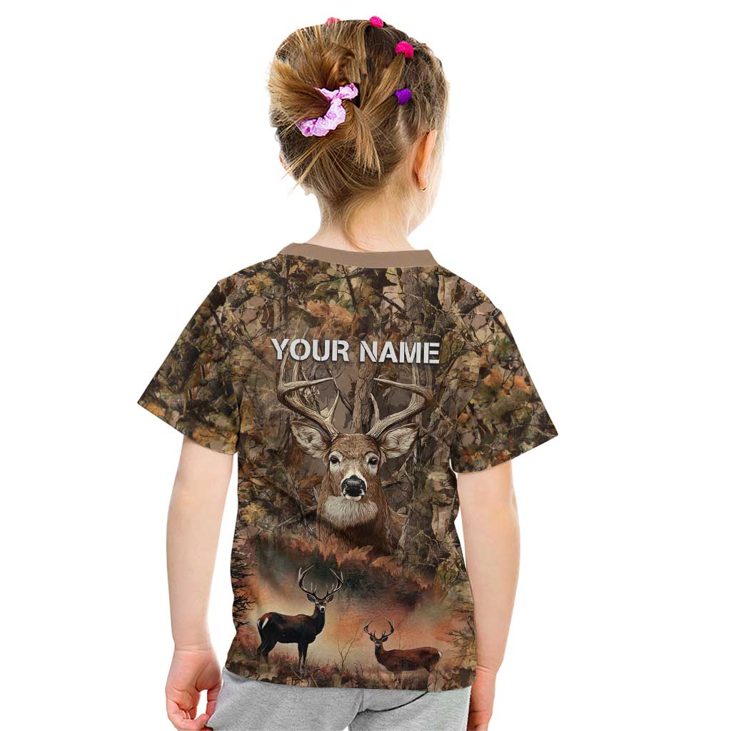 Personalized Buck Deer Hunting Kid T Shirt American Flag Sunset Forest in Camouflage