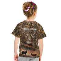 Personalized Buck Deer Hunting Kid T Shirt American Flag Sunset Forest in Camouflage