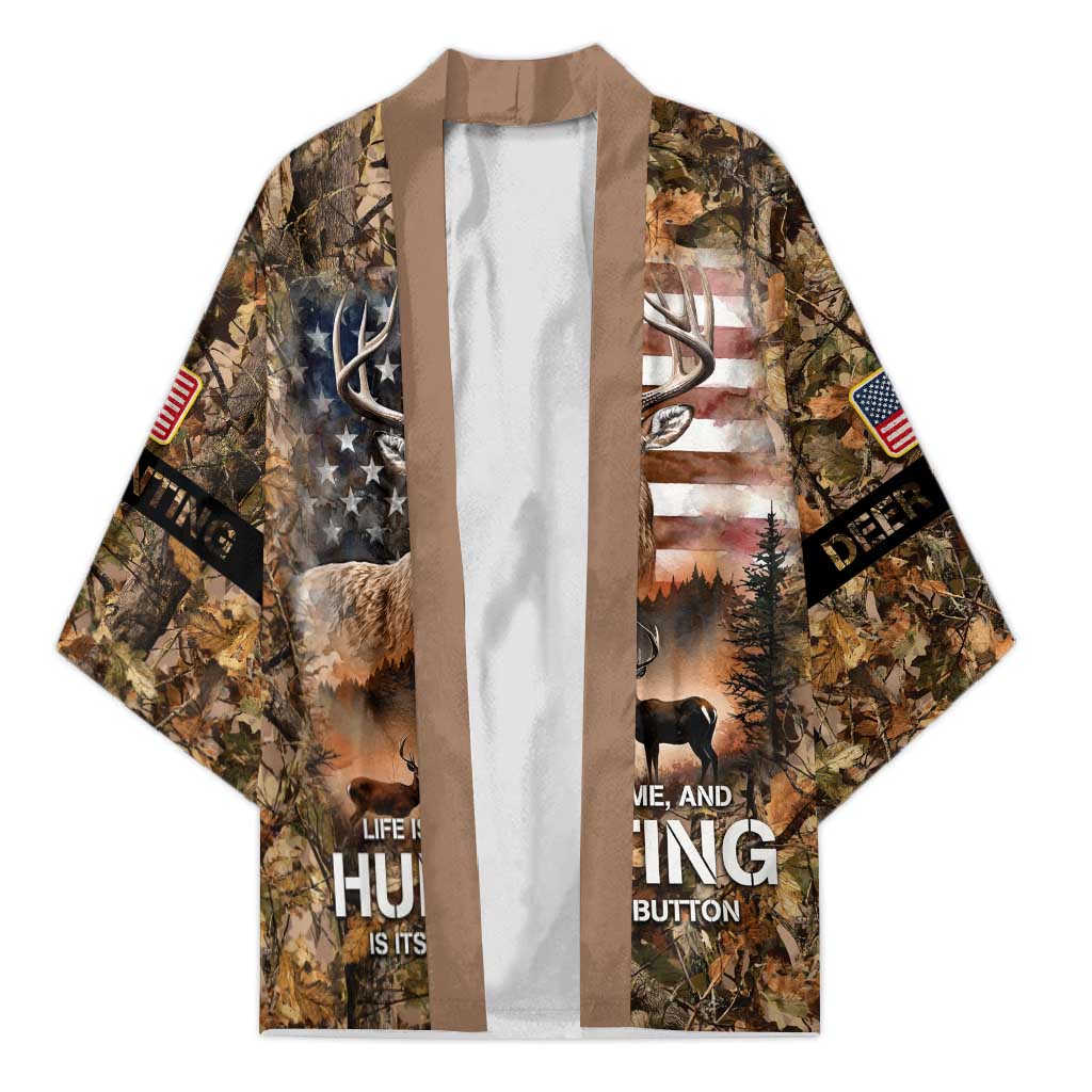 Personalized Buck Deer Hunting Kimono American Flag Sunset Forest in Camouflage