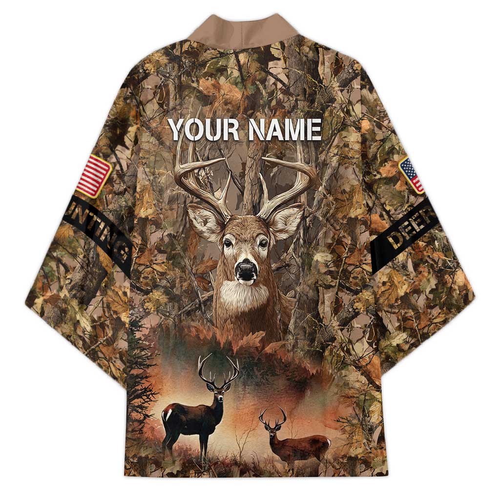 Personalized Buck Deer Hunting Kimono American Flag Sunset Forest in Camouflage