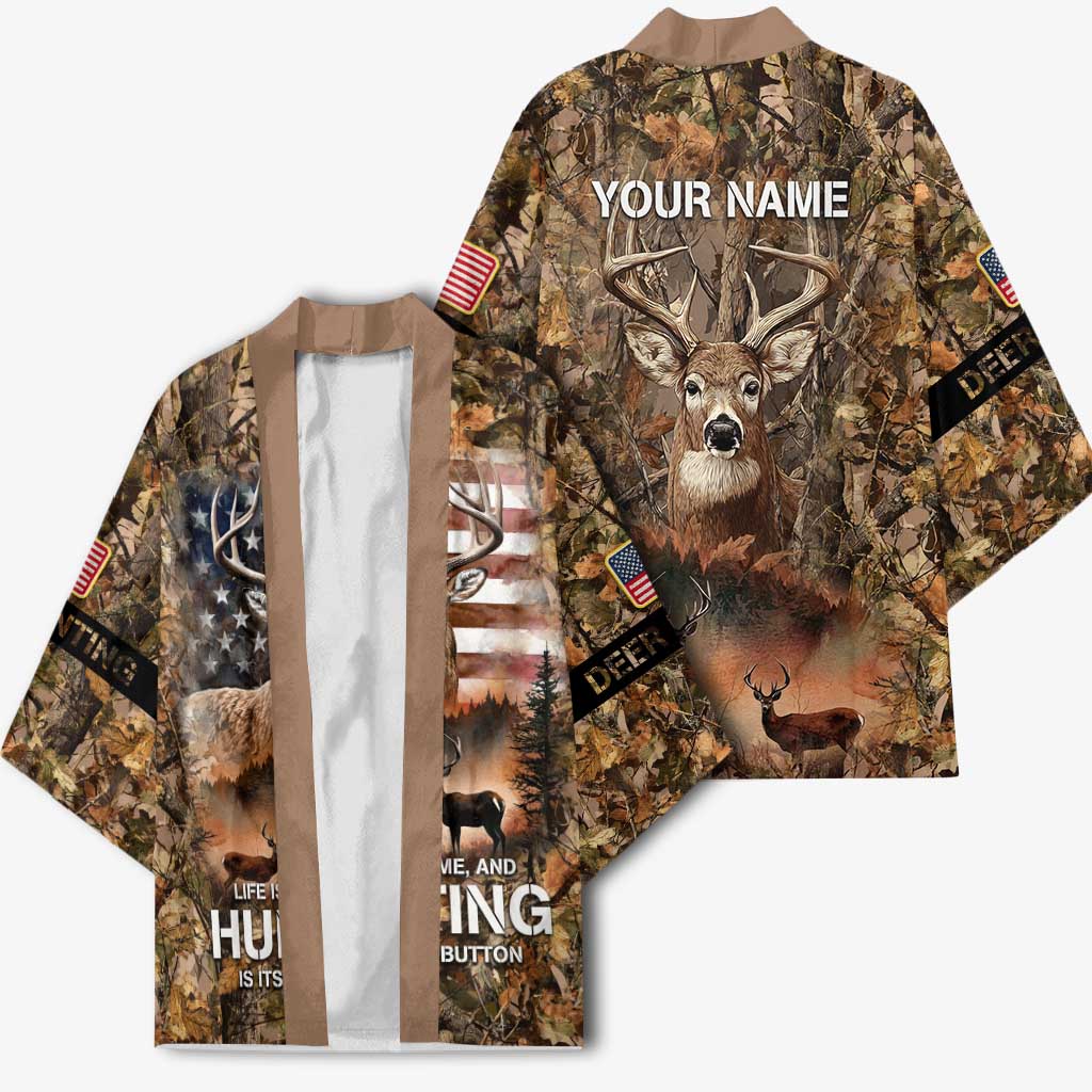 Personalized Buck Deer Hunting Kimono American Flag Sunset Forest in Camouflage