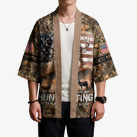 Personalized Buck Deer Hunting Kimono American Flag Sunset Forest in Camouflage