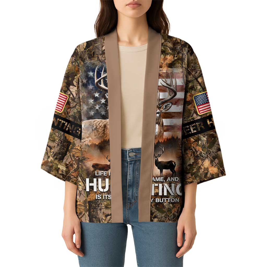 Personalized Buck Deer Hunting Kimono American Flag Sunset Forest in Camouflage
