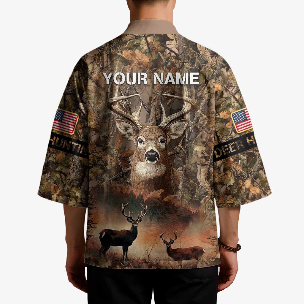 Personalized Buck Deer Hunting Kimono American Flag Sunset Forest in Camouflage