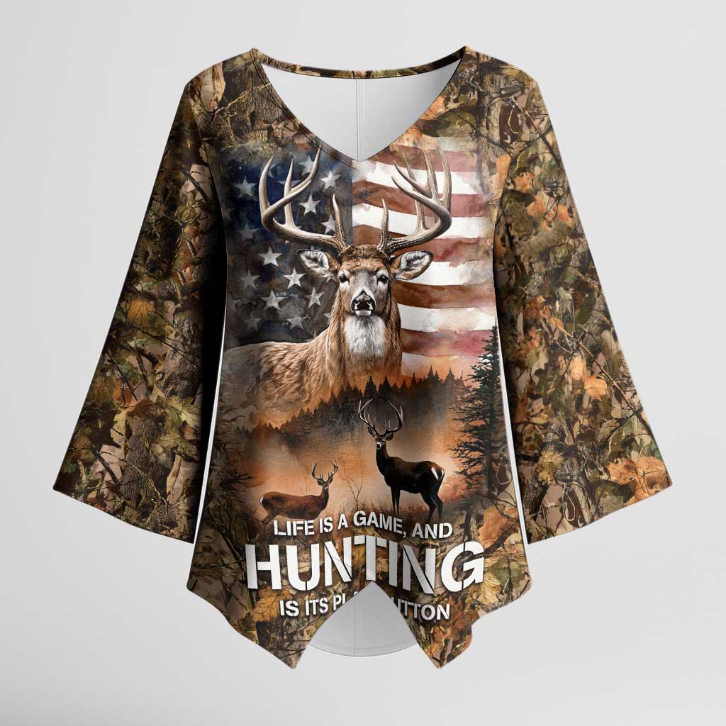 Personalized Buck Deer Hunting Kimono Sleeve Blouse American Flag Sunset Forest in Camouflage