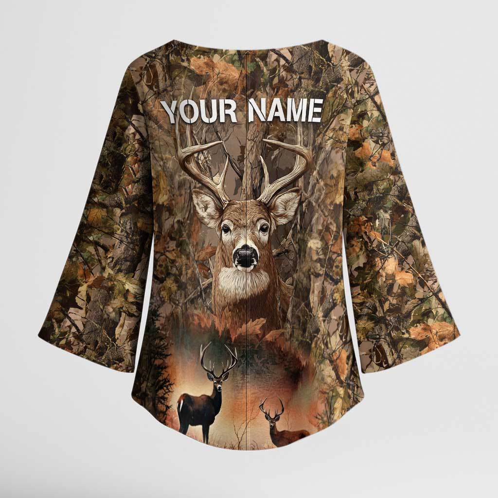 Personalized Buck Deer Hunting Kimono Sleeve Blouse American Flag Sunset Forest in Camouflage