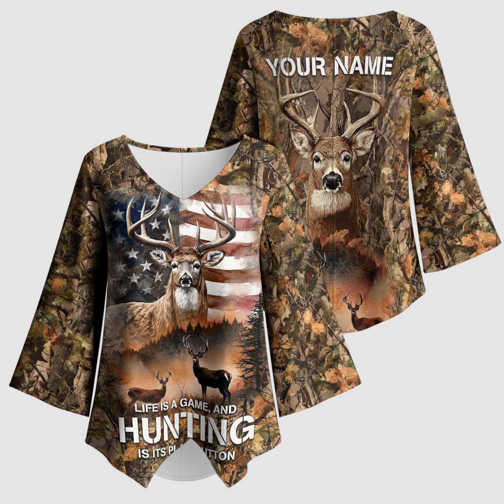 Personalized Buck Deer Hunting Kimono Sleeve Blouse American Flag Sunset Forest in Camouflage