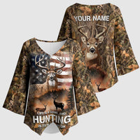 Personalized Buck Deer Hunting Kimono Sleeve Blouse American Flag Sunset Forest in Camouflage
