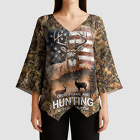Personalized Buck Deer Hunting Kimono Sleeve Blouse American Flag Sunset Forest in Camouflage