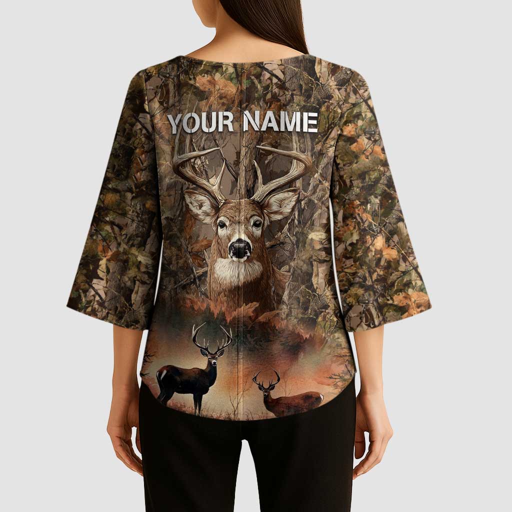 Personalized Buck Deer Hunting Kimono Sleeve Blouse American Flag Sunset Forest in Camouflage