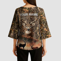 Personalized Buck Deer Hunting Kimono Sleeve Blouse American Flag Sunset Forest in Camouflage