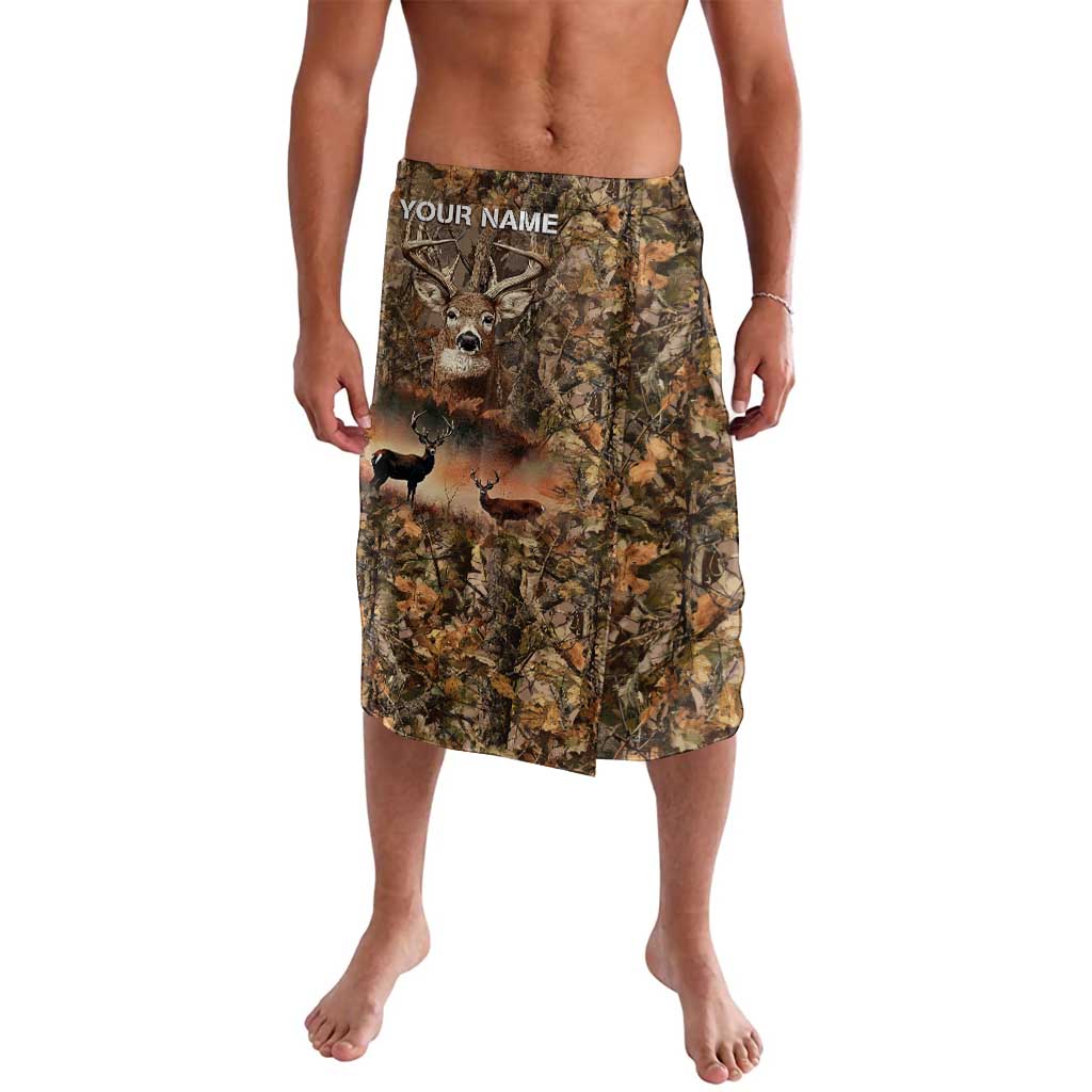 Personalized Buck Deer Hunting Lavalava American Flag Sunset Forest in Camouflage
