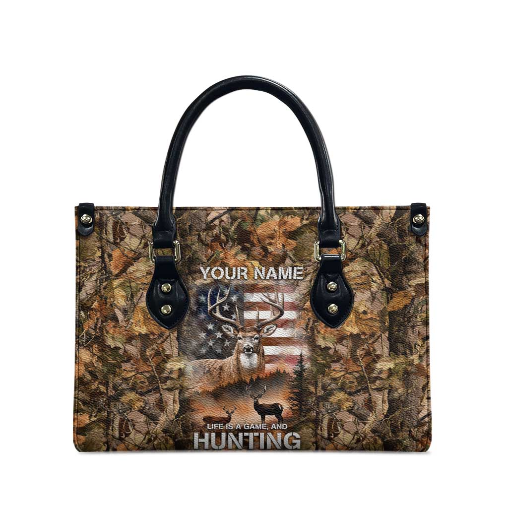Personalized Buck Deer Hunting Leather Bag American Flag Sunset Forest in Camouflage