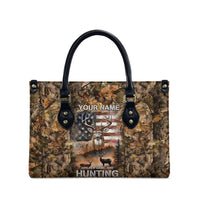 Personalized Buck Deer Hunting Leather Bag American Flag Sunset Forest in Camouflage