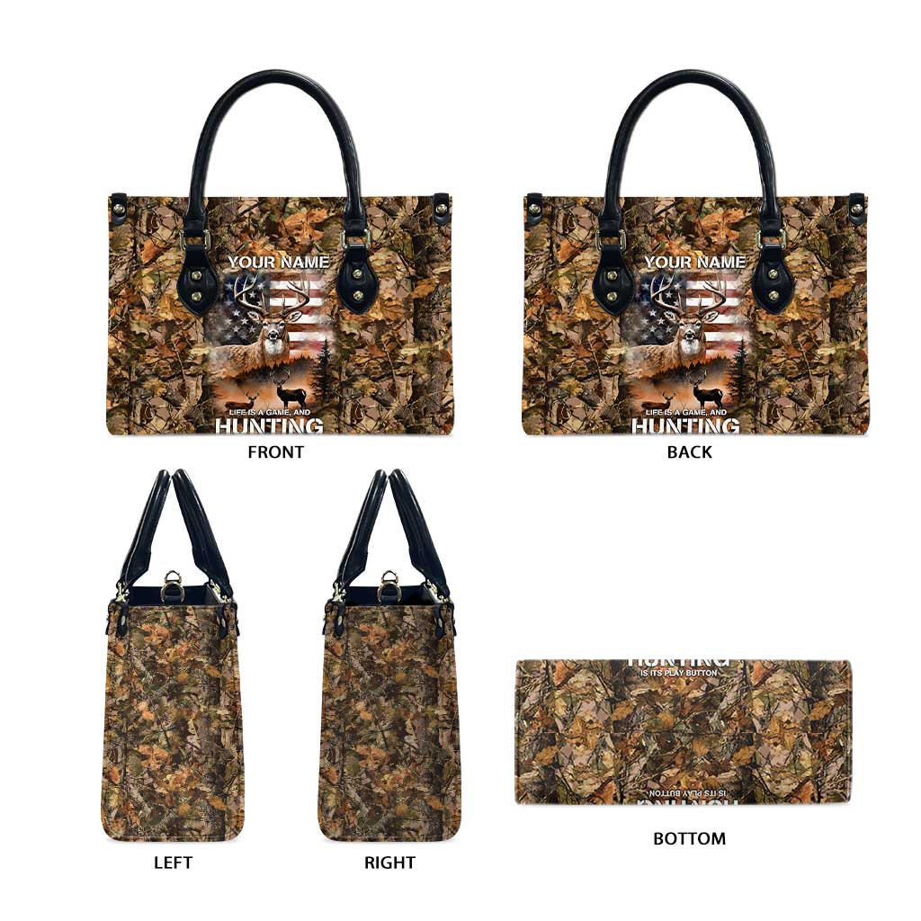 Personalized Buck Deer Hunting Leather Bag American Flag Sunset Forest in Camouflage