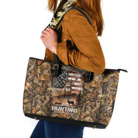 Personalized Buck Deer Hunting Leather Tote Bag American Flag Sunset Forest in Camouflage