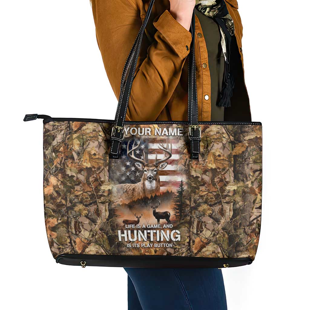 Personalized Buck Deer Hunting Leather Tote Bag American Flag Sunset Forest in Camouflage